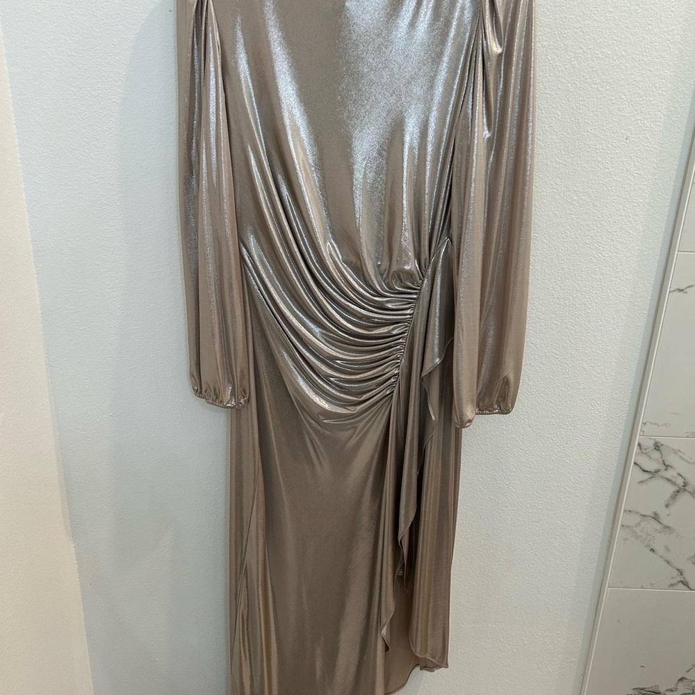 Alex Marie Gold Wrap Gown with Cowl Neck and Ruched Details